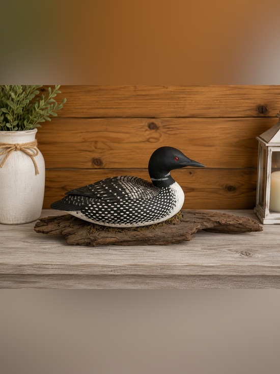 Other - Vintage Loon Decoy Figurine Hand Painted Black & White Bird Decor Rustic Cabin